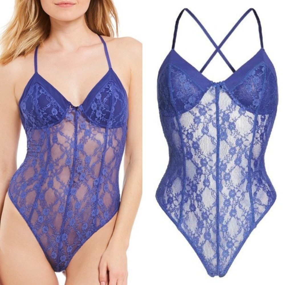 Free People Royal Blue Lace Teddy Bodysuit